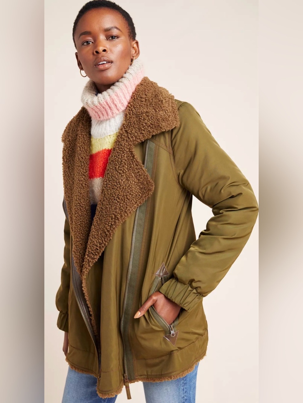 By Anthropologie Sherpa-Lined Parka Jacket Coat Military Green Brown size M